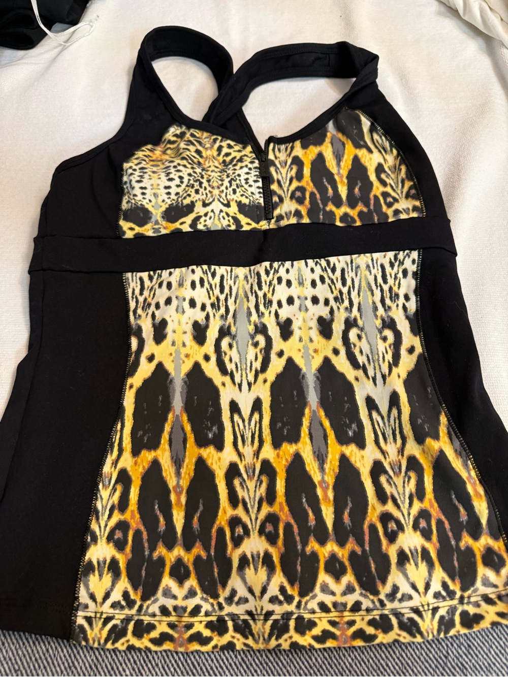 bebe Sport Black and Yellow Animal-Print Racerback Tank